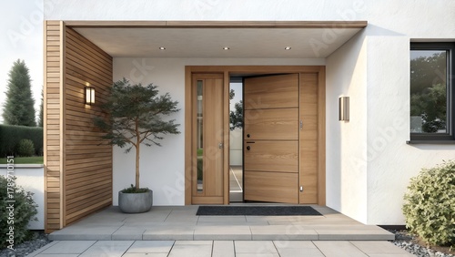 This image presents the modern and inviting entrance of a contemporary house. A light-colored wooden door, partially ajar, is the focal point, flanked by a narrow vertical win