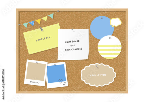 コルクボードに貼られた付箋と写真フレームのかわいい背景デザイン