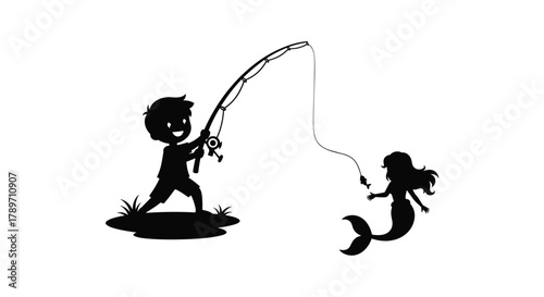 Boy fishing with a mermaid who is also fishing in a whimsical silhouette illustration