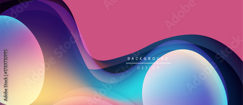 Abstract fluid shapes, vibrant colors blend. Pink, blue, purple gradients create modern background design. Smooth curves suggest movement.