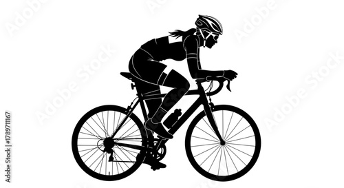 Dynamic silhouette of determined woman cyclist training for competition, showcasing strength and endurance on a sleek racing bicycle against clean white backdrop