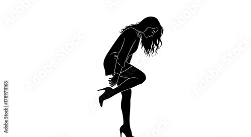 Stylish woman adjusting her elegant high heel shoe for comfort, perfect for fashion blogs, shoe ads, or lifestyle articles about busy professionals