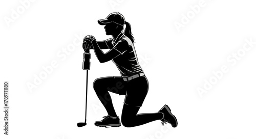 Elegant silhouette of a female golfer resting on her club, perfect for sports advertising or golf-related content with a modern edge