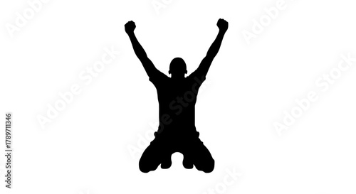 Victorious silhouette of a man kneeling with arms raised in celebration against a white backdrop, embodying success, achievement, and triumph