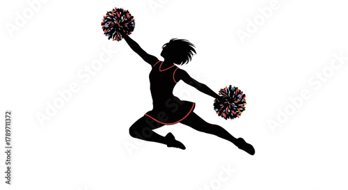 Dynamic cheerleader silhouette leaping with vibrant pom-poms, perfect for sports branding, spirit campaigns, or school event promotions showing energy and enthusiasm