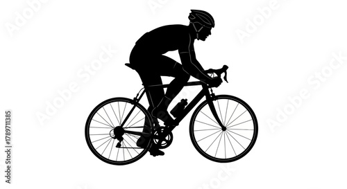 Dynamic silhouette of cyclist racing on road bike against white backdrop, ideal for sports advertising or fitness campaigns, promoting athletic lifestyle