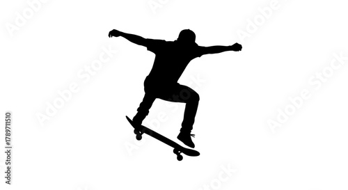 Dynamic silhouette of skateboarder mid-air performing impressive trick against stark white backdrop, perfect for extreme sports branding and youth culture marketing