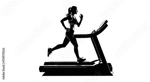 Dynamic silhouette of woman running on treadmill for cardio workout, fitness motivation, and health goals in a monochrome, modern gym design