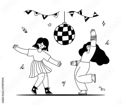 Happy Couple Girls Dancing under disco ball at Party Doodle. Outline hand drawing. Vector Illustration. Not AI .
