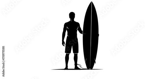 Dynamic surfer silhouette holding board ready for ocean waves, embodying adventure and active lifestyle.
