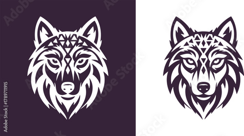 Logo Vector Art of a Fierce Wolf Head with Tribal Patterns on Dark and Light Backgrounds