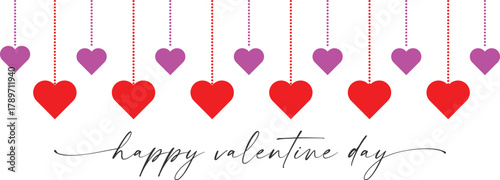 Hanging Red and Pink Hearts with Script 'Happy Valentine Day' Text, Valentine's Day Hanging Hearts Banner, Decorative Header with Hearts on Strings and Calligraphy Greeting, happy valentine day, 
