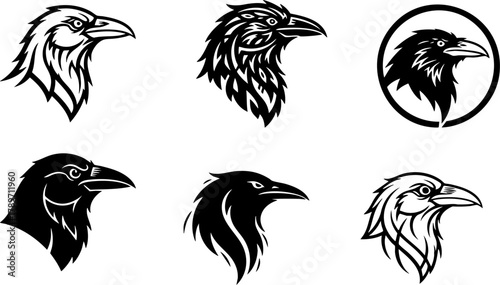 Dynamic collection of stylized raven head vector illustrations, featuring a variety of black and white designs suitable for mascots, emblems, logos, or striking graphic art