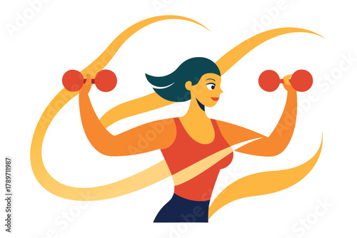 Woman exercising with dumbbells and abstract swirls