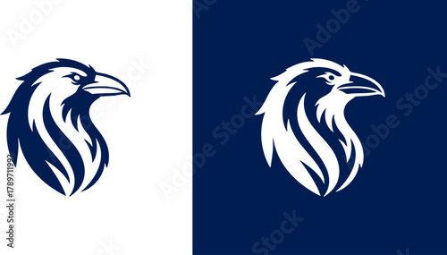 Bold and modern raven head logo design, a powerful crow mascot icon in a clean vector graphic style for branding