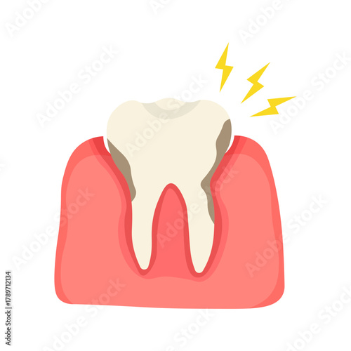 Isolated illustration of crusty teeth and gums causing toothache for advertising, banners, health service educational images about dental and gum health.