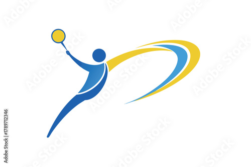 Dynamic badminton player silhouette with swooshing lines