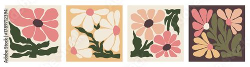 Retro Floral Set. Vintage Colorful Flowers and Leaves in muted earthy tones, perfect for design projects. Isolated Naive Square Patterns Hand Drawing. Contemporary cards. Vector illustration. Not AI