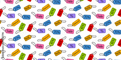 Colorful sale tags with various discount percentages on a white background for shopping promotions