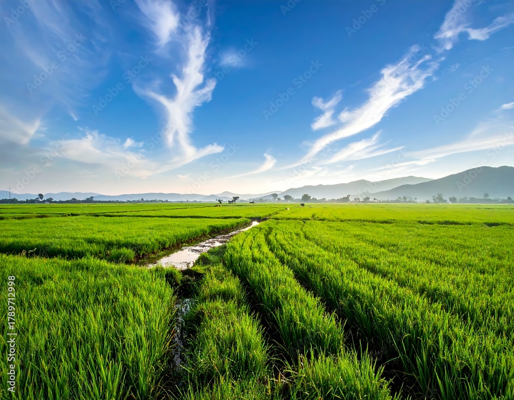 Fototapeta premium Lush green fields stretching toward misty mountains under a bright blue sky