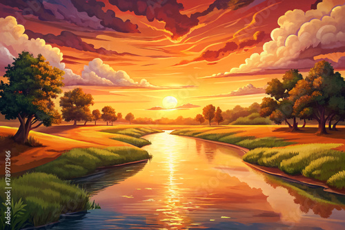 Peaceful river glowing orange cartoon vector under warm sunset sky with gentle reflections