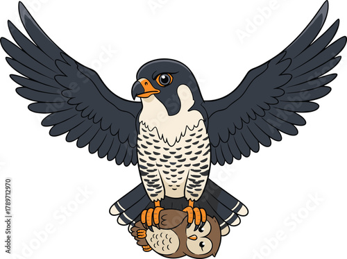 Peregrine falcon in flight clutching subdued owl with wide wingspan and sharp talons on white background vector illustration
