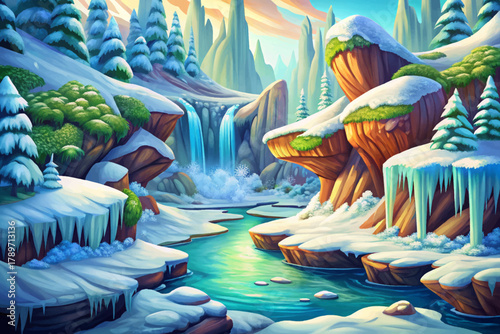 Small mountain river cartoon flowing beneath frozen icicles and cliffs covered with snow