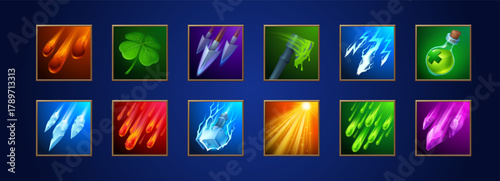 Fantasy game icons of magic spells and skills