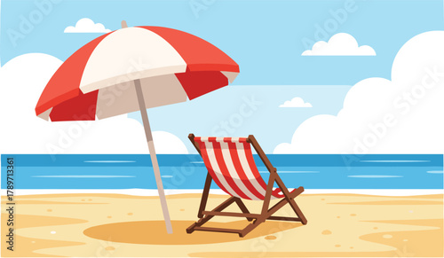 Relaxing beach scene with red striped umbrella and chair facing calm ocean under blue sky with clouds, perfect for vacation themes