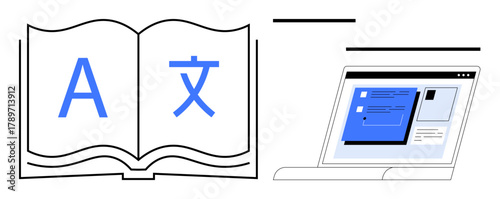 Open book with language symbols beside a digital interface on a laptop screen. Ideal for education, translation, language learning, global communication, e-learning, knowledge sharing, simple flat