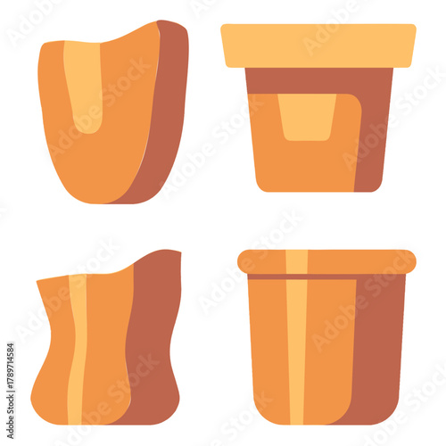 Brown cardboard disposable coffee mug set with green plant pots isolated on white background