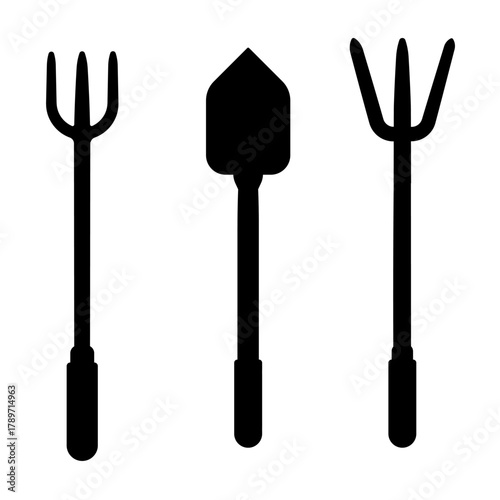 Isolated black vector set of metal kitchen cutlery and steel hand tools silhouettes on white