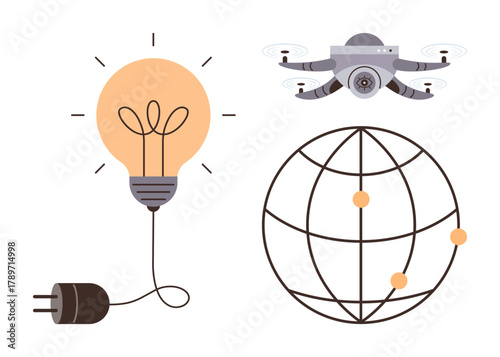 Light bulb with cord, quadcopter hovering, and wireframe globe with points emphasize science, innovation, technology, connectivity. Ideal for creativity, energy, future globalization solutions