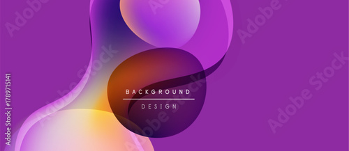 Abstract fluid shapes overlap, creating vibrant purple, orange gradients. Text reads background design within central form. Modern, dynamic composition.