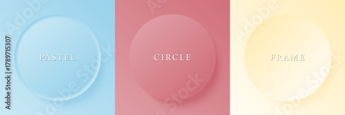 Set of abstract 3d beige, different color circle frame design for cosmetic product. Collection of trendy color geometric background with copy space. Top view scene. Vector EPS10