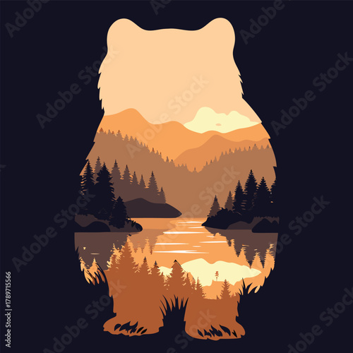 Stylized double exposure bear filled with serene mountain forest, lake, and golden sky at dusk or dawn