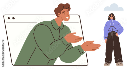Man leaning out of a browser interface gesturing toward a woman in casual attire and sunglasses. Ideal for digital communication, online interaction, social media, virtual connection, remote