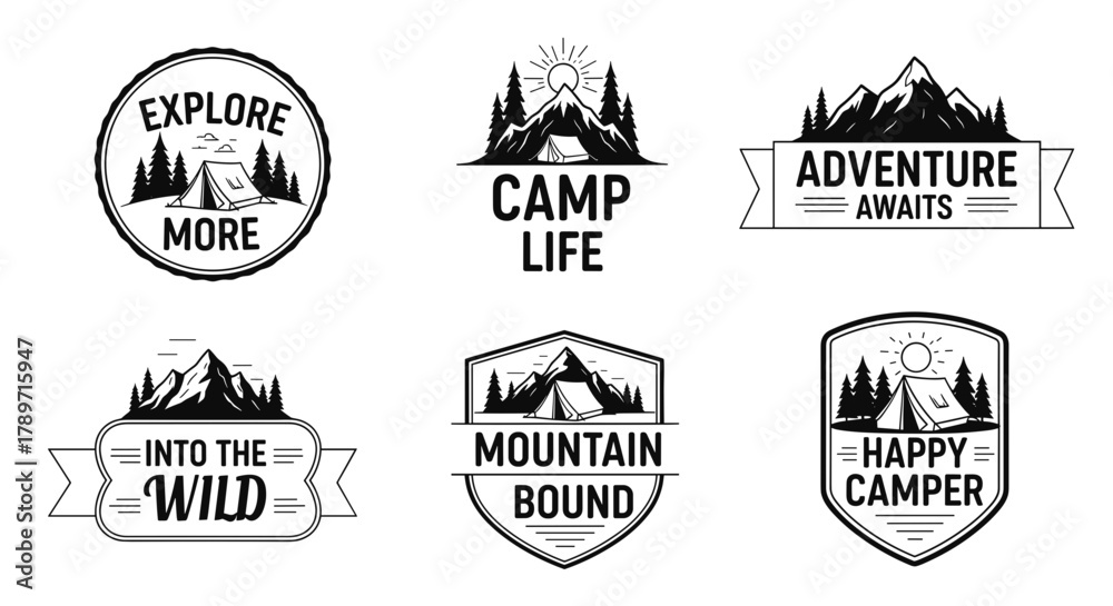 Fototapeta premium A collection of six monochrome vintage-style logos and emblems for camping and outdoor adventures.