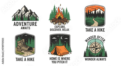 A collection of six vintage outdoor adventure emblems for camping, hiking, and exploration.