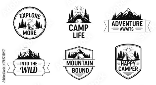 A collection of six monochrome vintage-style logos and emblems for camping and outdoor adventures.