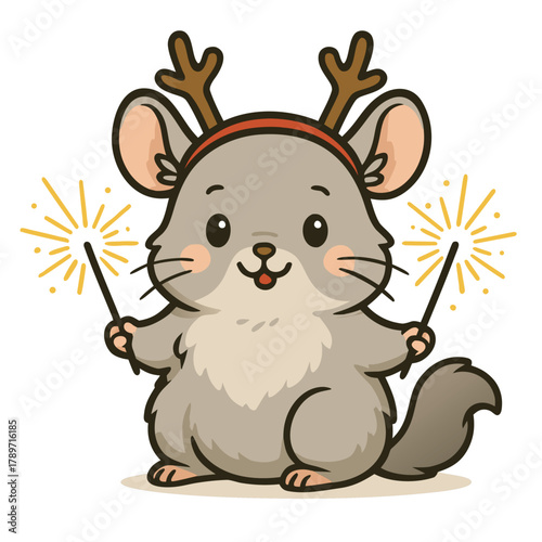 Cute chinchilla mascot with sparklers, reindeer headband, vector white background