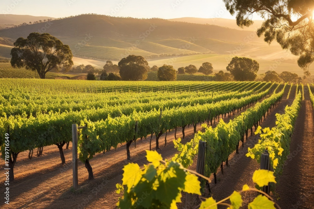 Fototapeta premium Weingut im Morgenlicht – Weinfelder in Tasmanien