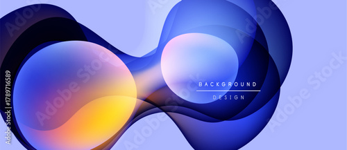 Abstract fluid shapes overlap, creating vibrant color gradients. Design features blue, orange, purple hues on light background.
