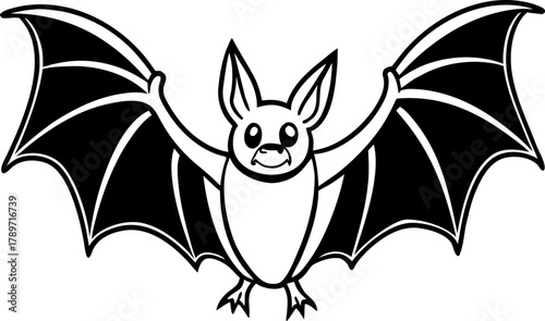 A monochrome, linework illustration of a bat with its wings spread wide. The bat is centered in the image, facing the viewer directly. Its body is small and rounded, with short, clawed feet. The wings