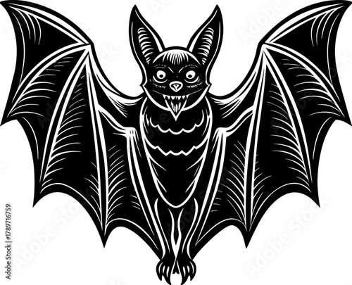 A monochrome, linework illustration of a bat with its wings spread wide. The bat is centered in the image, facing the viewer directly. Its body is small and rounded, with short, clawed feet. The wings