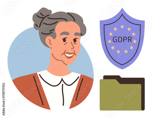 Smiling elderly woman portrait alongside a GDPR shield and file folder emphasizing data privacy, digital security, and compliance. Ideal for law, senior data care, legal policies, and ethical