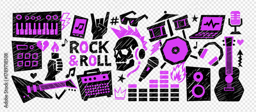 Crayon style punk doodle set with music, rock, fire and skeleton elements in rough emo texture. This hand-drawn music crayon illustration is perfect for stickers, posters or festival design.