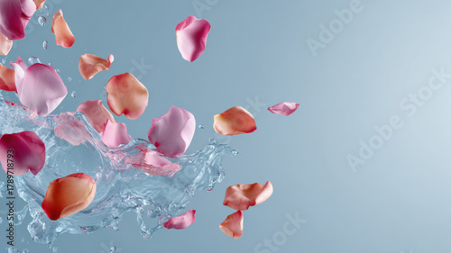 A refreshing composition of rose petals and water splashes, highlighting purity and elegance