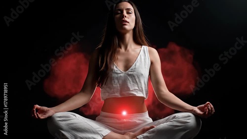 Ultra-realistic cinematic loop of a woman meditating in a dark serene space with a glowing red root chakra at the base of her spine, radiating grounding energy