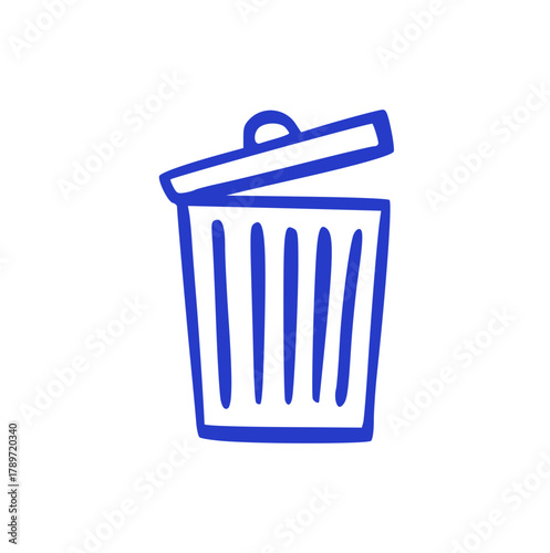 hand-drawn blue trash can icon with thick outline and open lid, representing deletion, recycling, disposal, waste management, and office supplies.